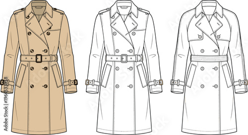 Technical fashion sketch of classic double breasted trench coats for women including belted waist and epaulettes for autumn winter apparel design