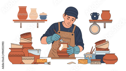 The Potter's Artistry: A skilled artisan meticulously paints a ceramic pot in a bright workshop setting, surrounded by a collection of finished pottery.