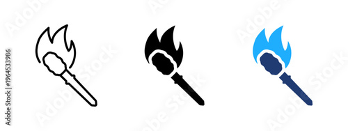 Torch stick icon with flame. Fire and burning light symbol. Blaze, heat and ignite sign. Medieval wooden torch concept representing flame, glow and classic fire source.