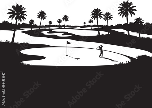Silhouette of golfer swinging club on tropical golf course with palm trees 1 de