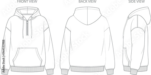Technical flat sketch illustration of hooded sweatshirt, front back side views, zipper neckline, kangaroo pocket, ribbed cuffs hem, fashion design hoodie