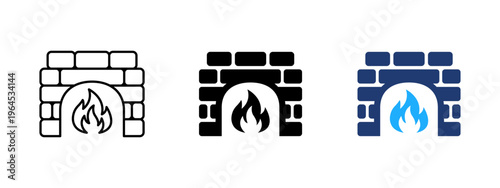 Fireplace with bricks icon. Home fire and hearth symbol. Burning flame, heat and chimney sign. Brick fireplace concept representing warm house and indoor heating.