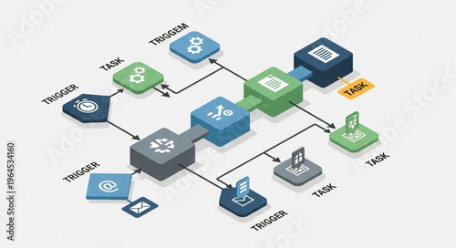 Isometric Workflow Diagram Illustrating Data Processing and Task Automation.