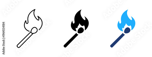 Flaming match icon. Matchstick and ignition symbol. Burning wood stick, spark and flame sign. Fire start concept representing match, ignition and flammable stick.
