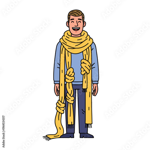 Man wearing a long yellow scarf wrapped around body in a playful way on a plain background
