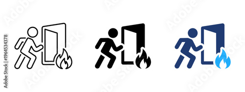 Fire exit emergency sign icon. Door and running person symbol. Escape, safety and hazard sign. Evacuation route concept representing emergency exit and safe passage.