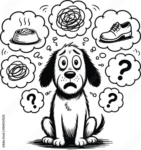 A cartoon dog with a puzzled expression and thought bubbles above its head
