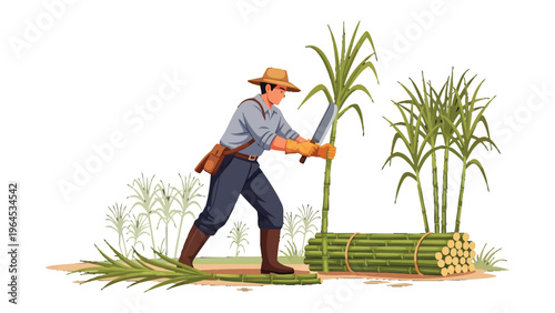 Sugarcane Harvest: A sugarcane farmer in a straw hat and protective gloves skillfully cuts sugarcane with a machete, readying it for transport and processing.