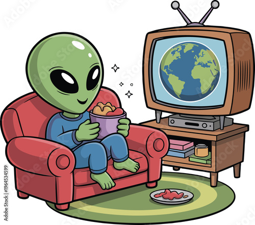 Alien sitting on a red couch watching TV with snacks on the floor