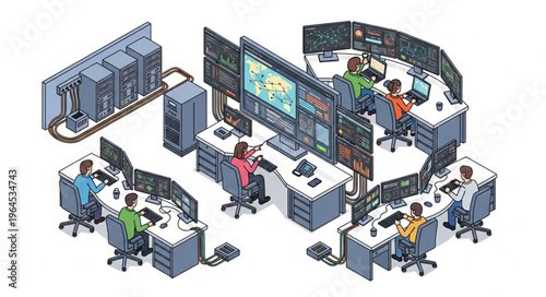 Isometric View of a Modern Control Room with Operators.