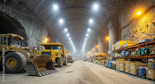 Heavy Machinery and Equipment Inside a Mining Tunnel.