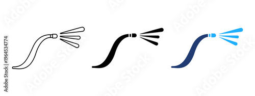 Hose pipe sprays water icon. Water flow and liquid stream symbol. Spray, wet and irrigation sign. Fire, garden and safety concept representing hose, pressure and water distribution.