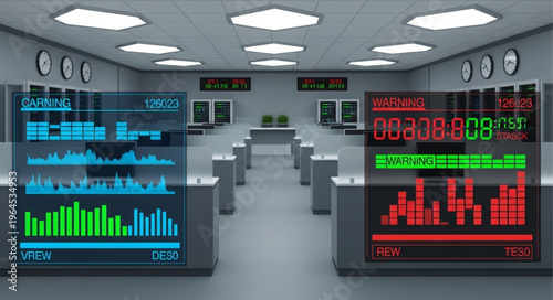 Futuristic Control Room with Data Displays and Monitoring Systems.