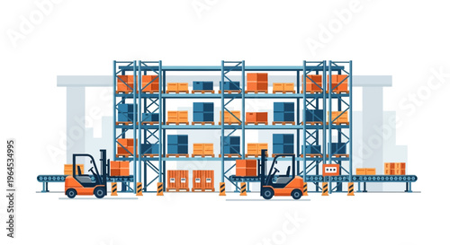Modern Warehouse Logistics System Illustration with Forklifts, Storage Racks, and Conveyor Belt for Efficient Goods Distribution