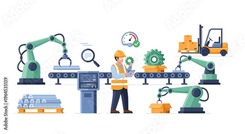 Modern Industrial Automation and Smart Factory Production Line with Robotics, Human Oversight, and Quality Control