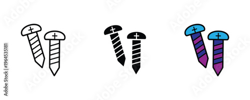 Steel metal screws for construction, woodworking and home repair icon set. Vector Illustration.