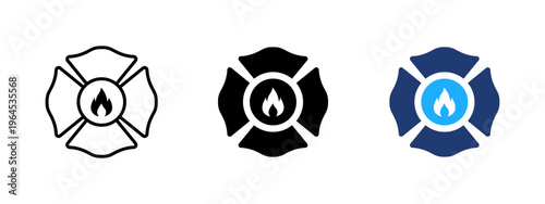 Fire department badge icon. Classic four-petal symbol of fire station. Firefighter, emergency, safety and hazard sign representing protection, rescue, and fire service emblem.