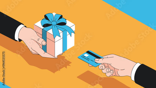 Isometric illustration showing a transaction where one hand presents a wrapped gift box and another person pays using a credit card.