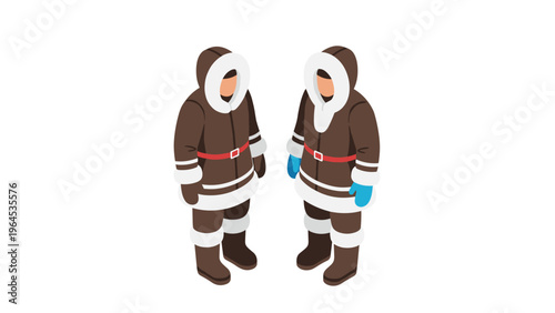 Two isometric figures of Inuit people wearing traditional brown fur parkas with white trim and red belts on a clean white background.