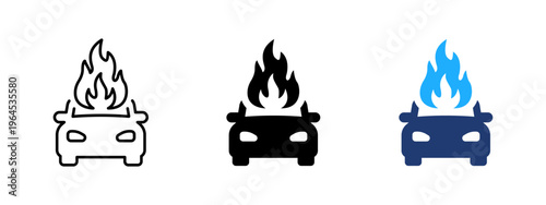 Car fire icon. Vehicle burning and flame symbol. Hazard, danger and emergency sign. Smoke, accident and safety concept representing car on fire, risk and alert.