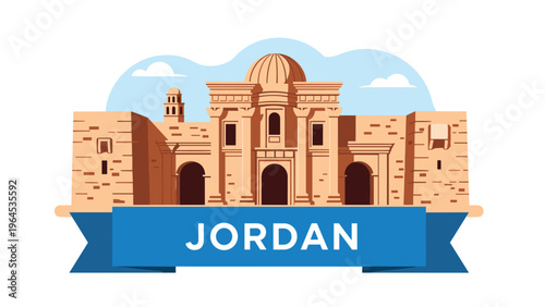 Flat illustration of the famous Treasury building in Petra Jordan featuring a blue banner and desert colors under a clear sky.