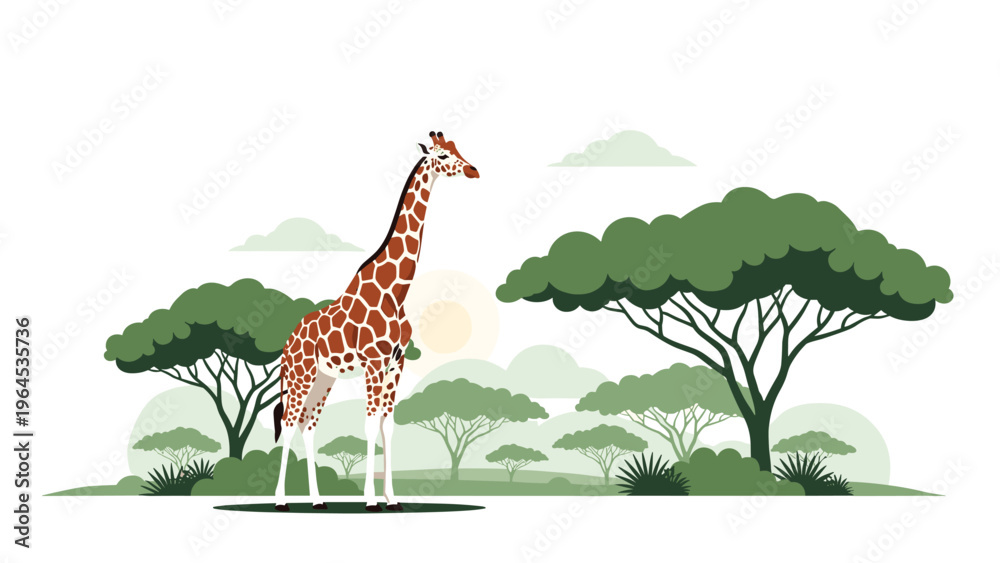 Obraz premium Majestic giraffe stands tall in an African savanna landscape with scattered acacia trees and a soft sun setting on the distant horizon.