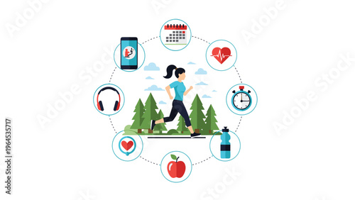Active woman jogs through a serene pine forest surrounded by health icons representing heart rate, hydration, and fitness tracking.