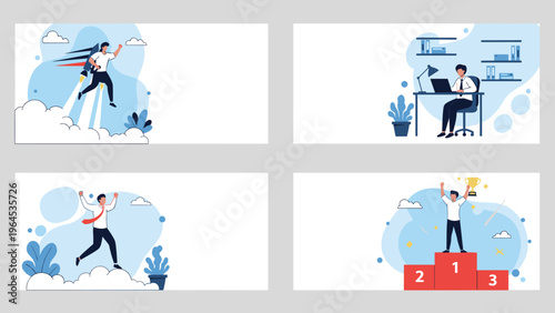 Four separate panels illustrate business success themes including a rocket launch, focused desk work, and winning a first place trophy.