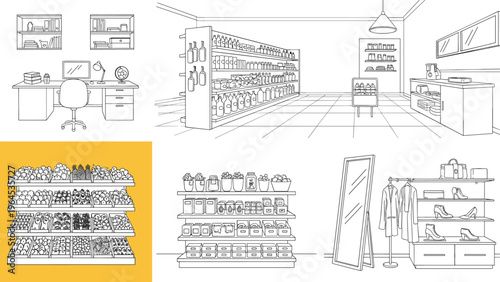 Collection of hand-drawn sketches showing various retail store layouts including a supermarket, clothing boutique, and office workspace.