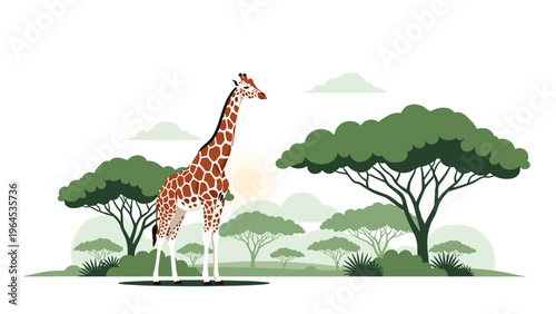Majestic giraffe stands tall in an African savanna landscape with scattered acacia trees and a soft sun setting on the distant horizon.