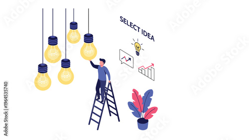 Man on a ladder carefully selects a glowing light bulb from a row of hanging lamps to represent finding the perfect creative business idea.