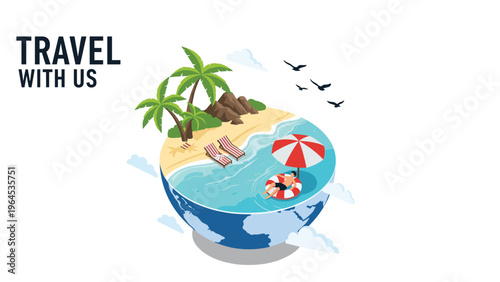Creative travel concept depicts a tropical island paradise with palm trees and a swimmer tucked inside a sliced globe of the earth.