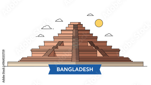 Ancient Somapura Mahavihara Buddhist temple in Bangladesh is shown in a minimalist architectural style under a bright glowing sun.