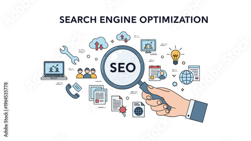 Search engine optimization banner features a hand holding a magnifying glass over digital marketing icons for web visibility strategies.