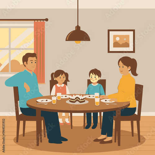 Family enjoying a meal together at a round table.