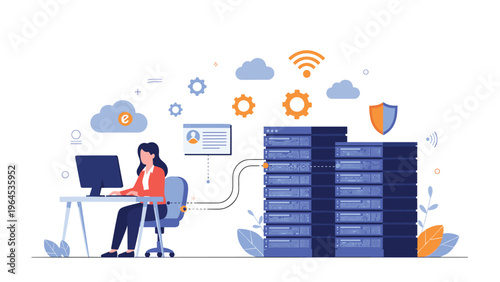 Female IT professional works at a computer next to large data center server racks representing cloud storage and network management.