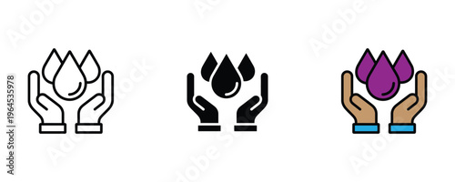 Human hands holding water drops for environmental protection and natural resource conservation icon set. Vector Illustration.