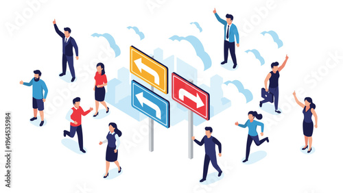 People stand near multiple directional road signs pointing in different ways to symbolize life decisions and career path choices.