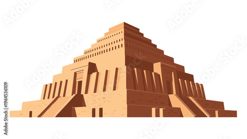 Ancient Chogha Zanbil ziggurat in Iran is shown from a perspective view highlighting its impressive multi-tiered brick architecture.