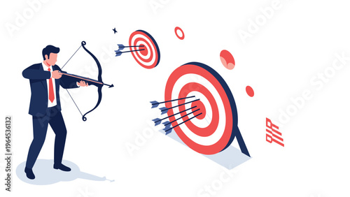 Ambitious businessman aims a bow and arrow at multiple bullseye targets representing goal setting and achieving business objectives.