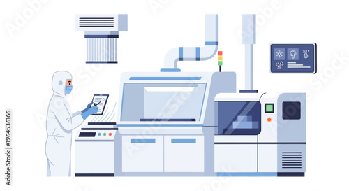 Cleanroom Scientist Operating Advanced Manufacturing Equipment for High-Tech Research and Development Process Control