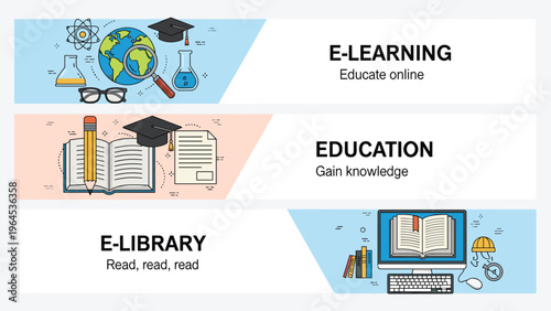 Online education banners feature e-learning platforms, gaining knowledge through books, and digital library resources for students.