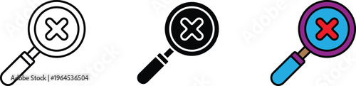 Magnifying glass with red cross mark for search error, data not found and scan failure icon set. Vector Illustration.