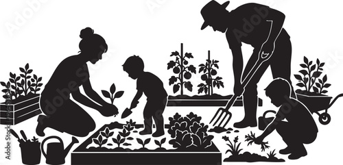Silhouetted family gardening, planting and cultivating a home garden, symbolizing growth and shared effort