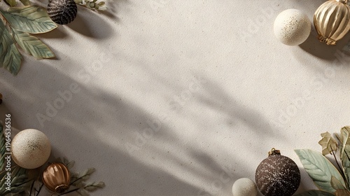 Elegant Flat Lay Composition with Golden Christmas Bells, Floral Elements, and Soft Shadows on a Beige Background with Central Copy Space