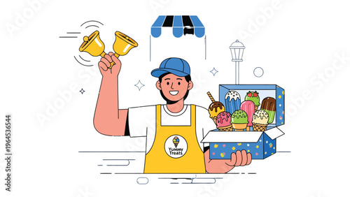 Sweet Delight Seller: An illustration captures the charm of a friendly seller, ringing bells to announce delightful ice cream flavors within a vibrant shop.