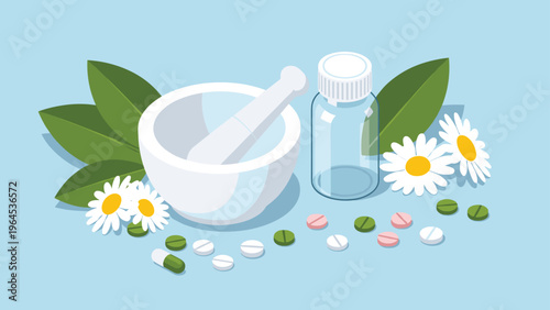 Medical still life with a white mortar and pestle, a glass bottle, chamomile flowers, and various colorful pills and capsules.