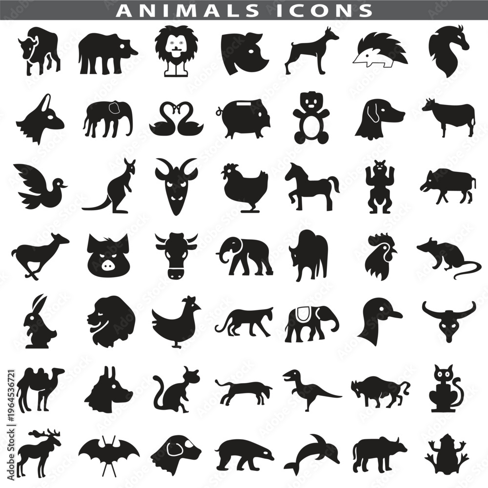 Obraz premium Animal silhouette collection. Set of black animal silhouette. Animal icons. Mammal, fish, insects, birds, reptiles silhouette collection. Wild, domestic animals icons