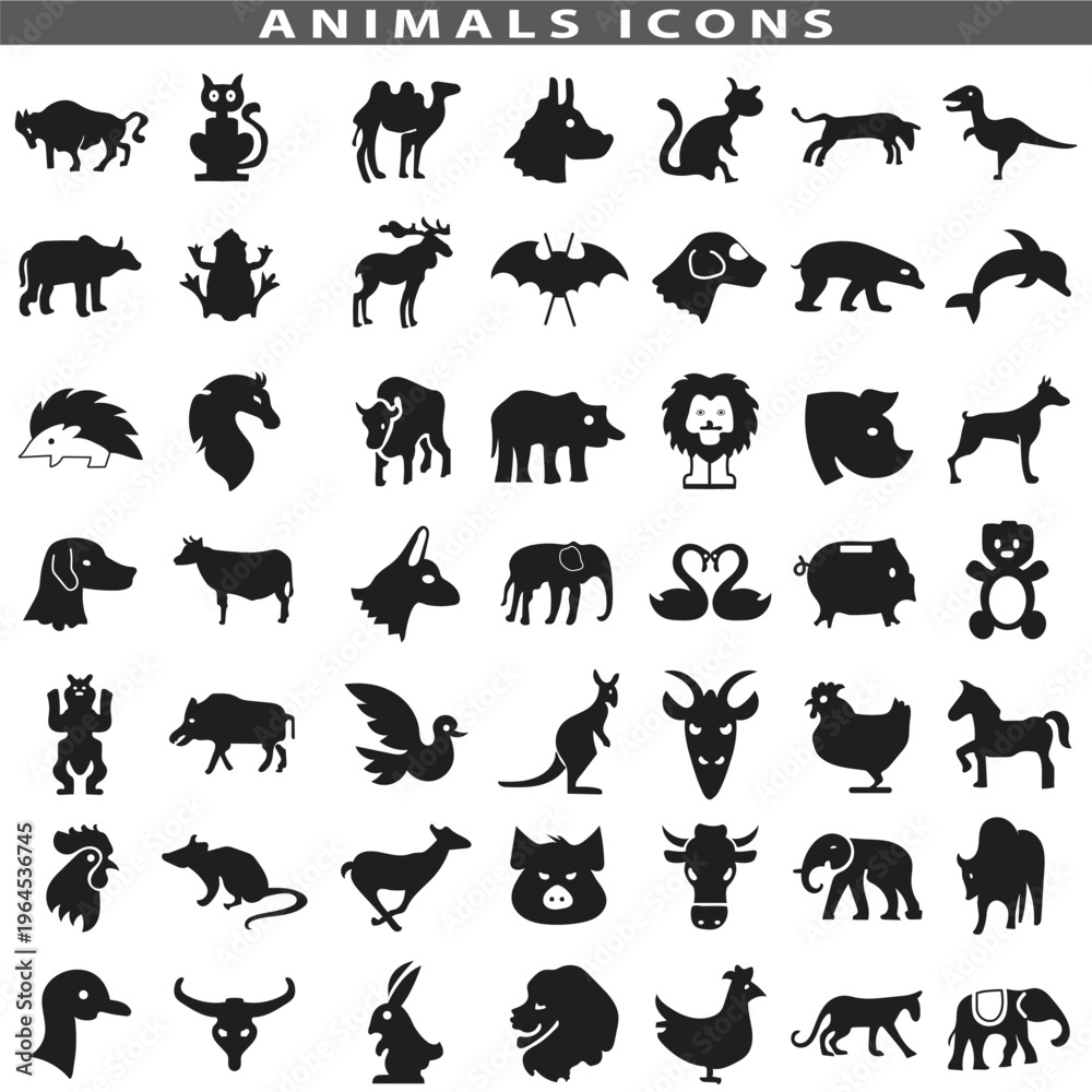 Obraz premium Animal silhouette collection. Set of black animal silhouette. Animal icons. Mammal, fish, insects, birds, reptiles silhouette collection. Wild, domestic animals icons