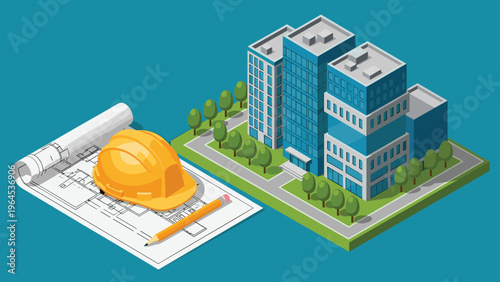 Isometric construction site concept with a set of blueprints, a yellow hard hat, a pencil, and a model of modern office buildings.